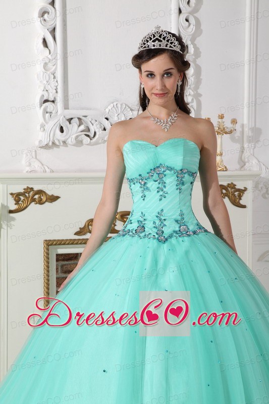 Green Ball Gown Long Tulle And Taffeta Beading Quinceanera Dress