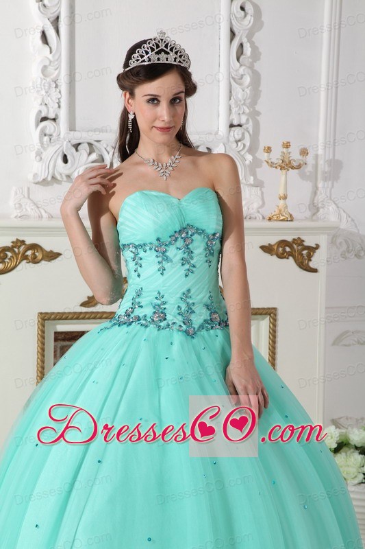 Green Ball Gown Long Tulle And Taffeta Beading Quinceanera Dress