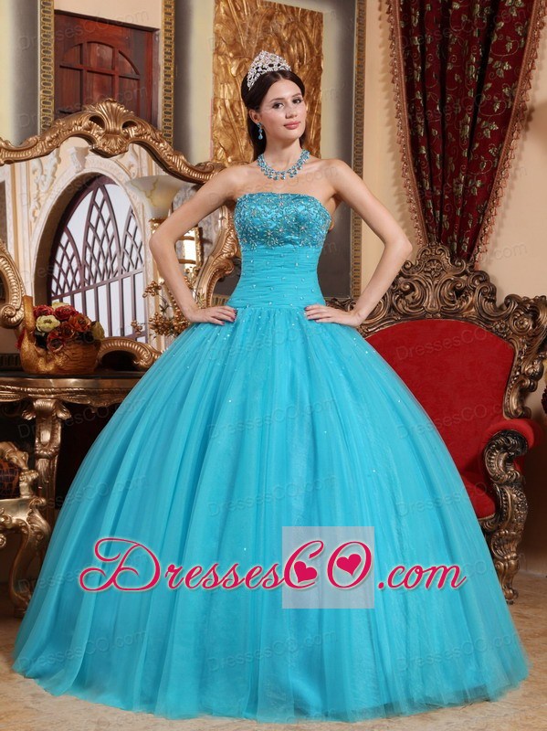 Aqua Blue Ball Gown Strapless Long Tulle Embroidery With Beading Quinceanera Dress
