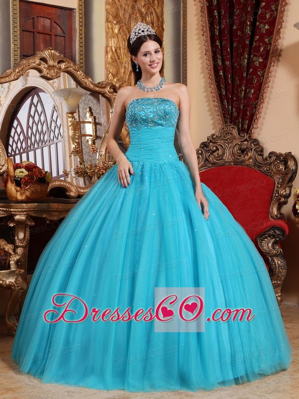 Aqua Blue Ball Gown Strapless Long Tulle Embroidery With Beading Quinceanera Dress