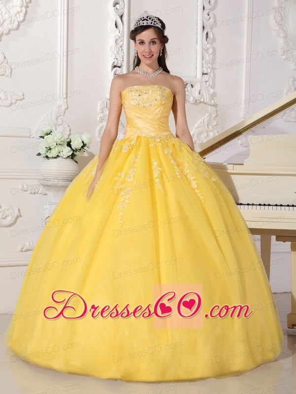 Yellow Ball Gown Strapless Long Taffeta And Tulle Appliques Quinceanera Dress