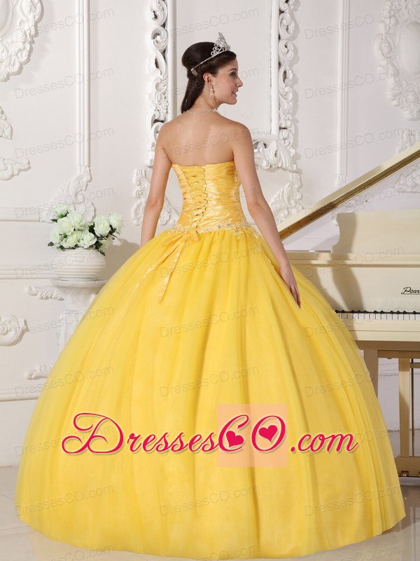 Yellow Ball Gown Strapless Long Taffeta And Tulle Appliques Quinceanera Dress