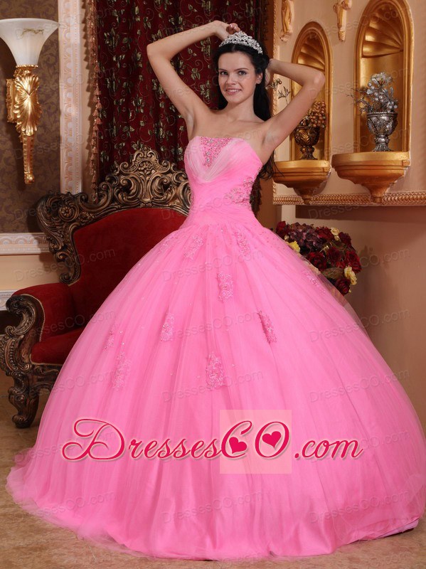 Rose Pink Ball Gown Strapless Long Tulle Beading Quinceanera Dress