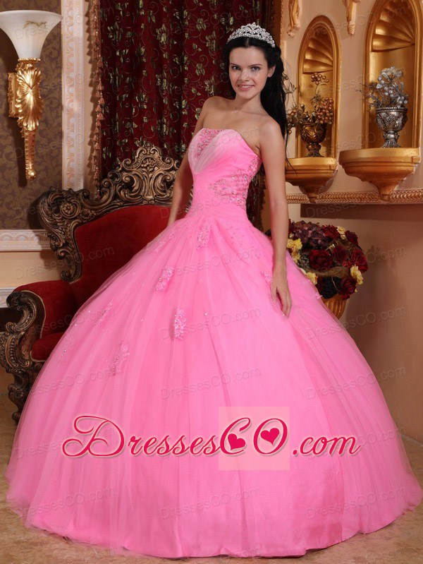 Rose Pink Ball Gown Strapless Long Tulle Beading Quinceanera Dress