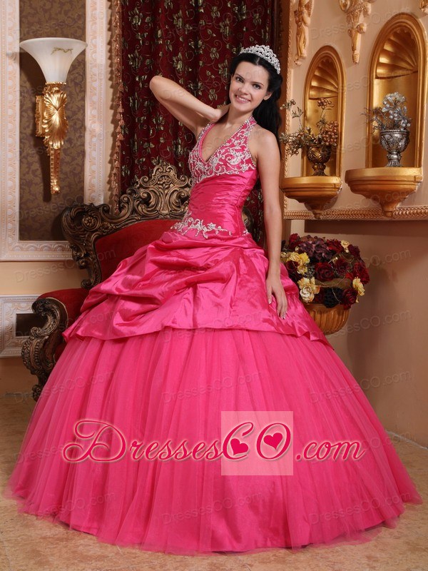 Hot Pink Ball Gown Halter Long Taffeta Appliques Quinceanera Dress