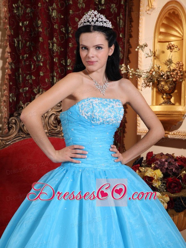 Baby Blue Ball Gown Strapless Long Organza Appliques Quinceanera Dress