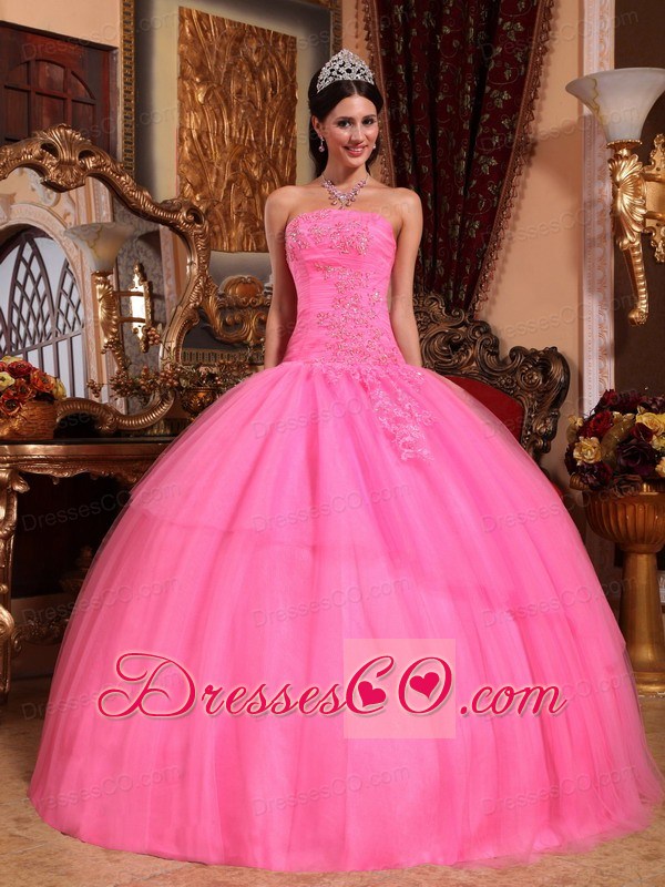 Rose Pink Ball Gown Strapless Long Tulle Appliques With Beading Quinceanera Dress