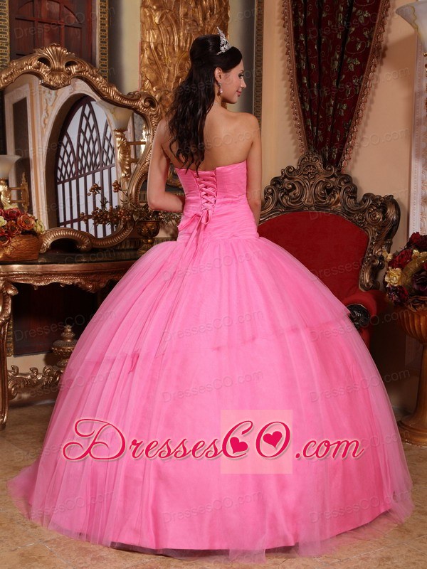 Rose Pink Ball Gown Strapless Long Tulle Appliques With Beading Quinceanera Dress