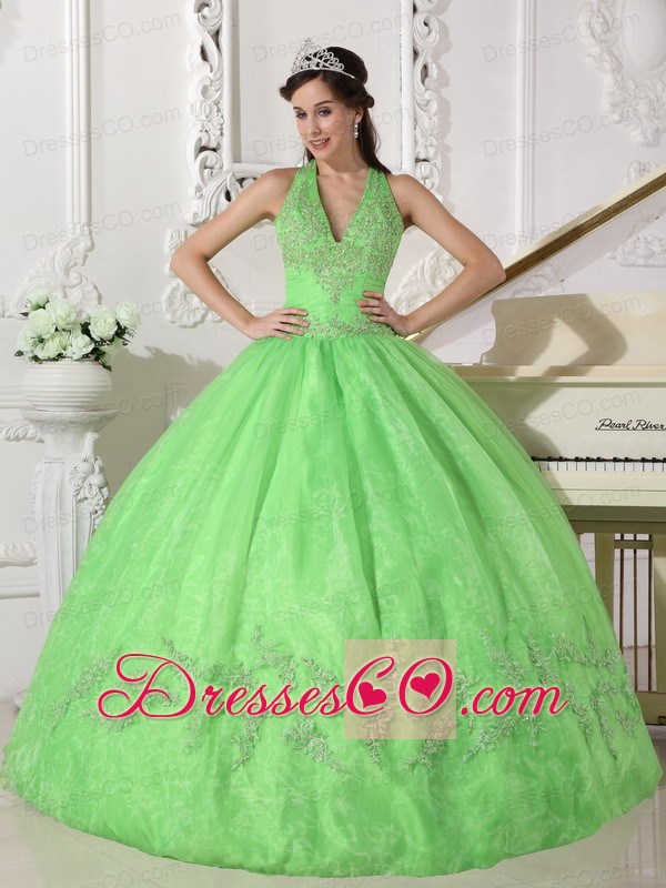 Spring Green Ball Gown Halter Long Taffeta And Organza Appliques Quinceanera Dress