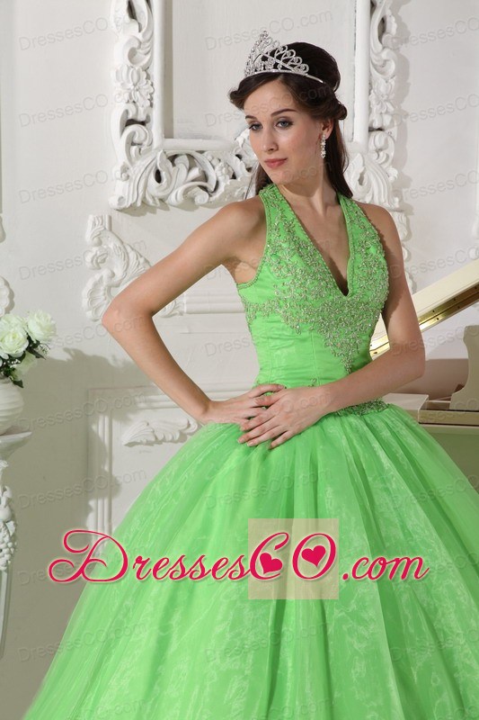 Spring Green Ball Gown Halter Long Taffeta And Organza Appliques Quinceanera Dress