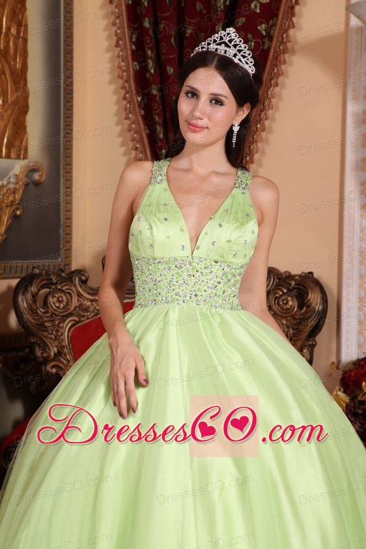 Yellow Green Ball Gown V-neck Long Tulle And Taffeta Beading Quinceanera Dress