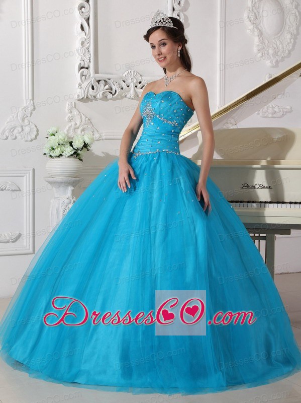 Teal Ball Gown Strapless Long Tulle Beading And Ruching Quinceanera Dress