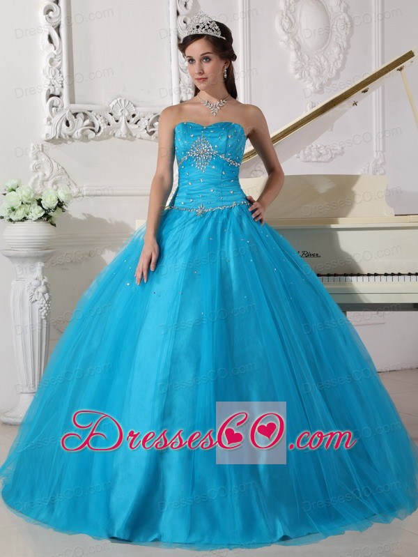 Teal Ball Gown Strapless Long Tulle Beading And Ruching Quinceanera Dress