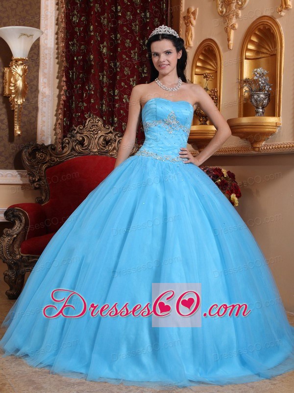 Aqua Blue Ball Gown Long Tulle And Taffeta Beading Quinceanera Dress