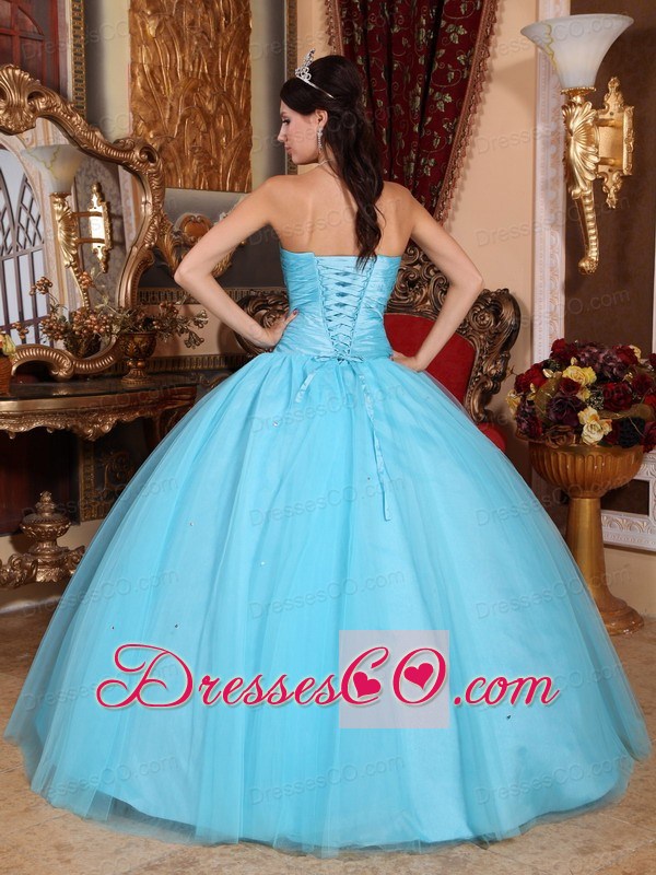Baby Blue Ball Gown Long Tulle And Taffeta Beading And Ruching Quinceanera Dress