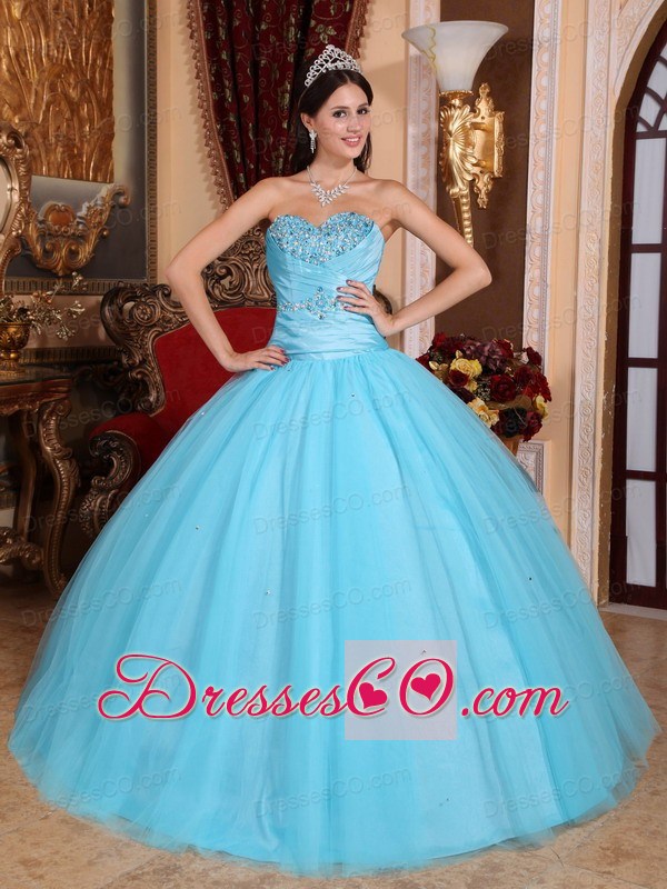 Baby Blue Ball Gown Long Tulle And Taffeta Beading And Ruching Quinceanera Dress