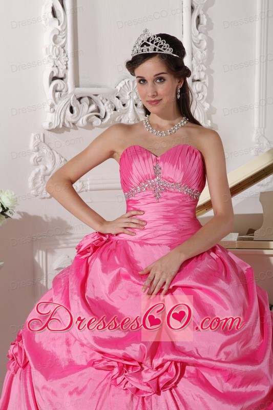 Roespink Ball Gown Long Taffeta Beading And Hand Made Flowers Quinceanera Dress