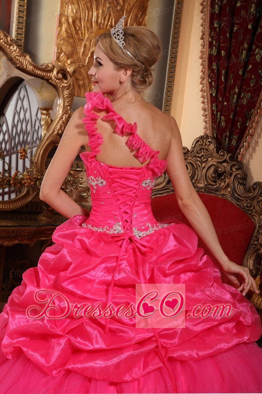 Hot Pink Ball Gown One Shoulder Long Organza Beading And Pick-ups Quinceanera Dress
