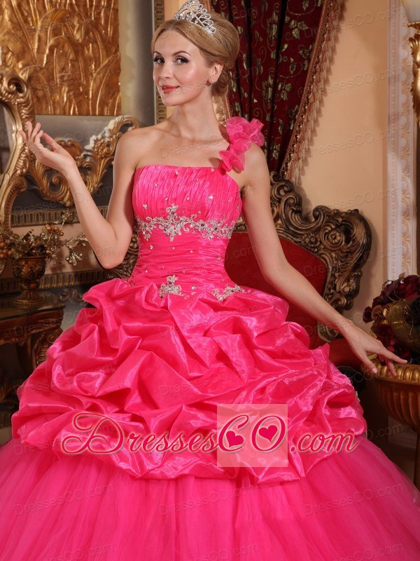 Hot Pink Ball Gown One Shoulder Long Organza Beading And Pick-ups Quinceanera Dress