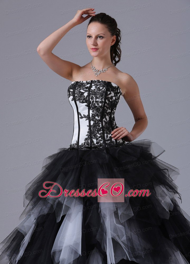Black And White Romantic Ball Gown Ruffles Quinceanera Dress With Embroidery Long 2013