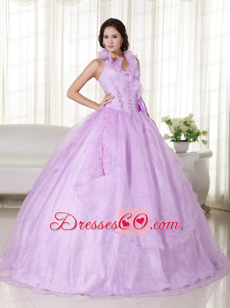 Lavender Ball Gown Halter Long Organza Embroidery And Beading Quinceanera Dress