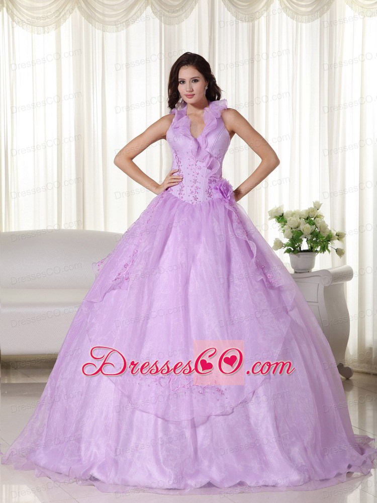 Lavender Ball Gown Halter Long Organza Embroidery And Beading Quinceanera Dress