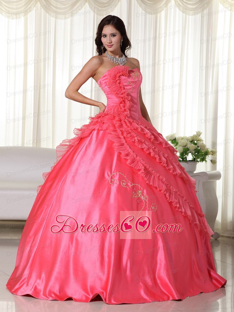 Coral Ball Gown Strapless Long Taffeta Embroidery Quinceanera Dress