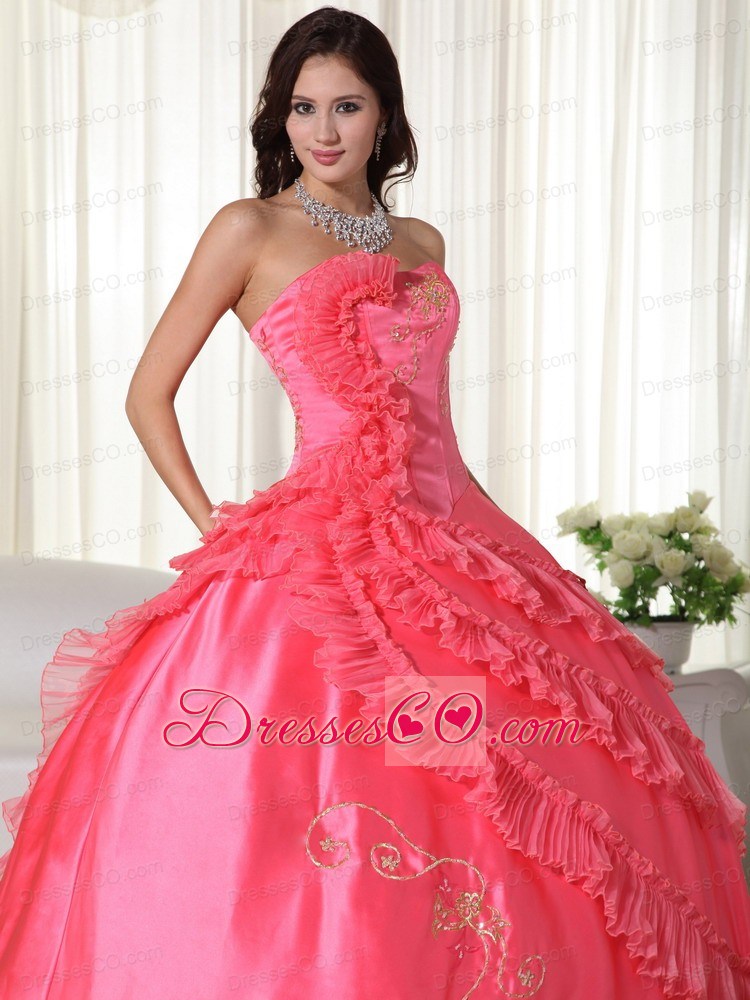 Coral Ball Gown Strapless Long Taffeta Embroidery Quinceanera Dress