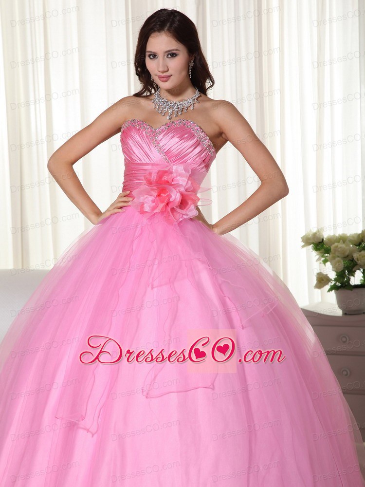 Pink Gown Long Tulle Beading Quinceanera Dress