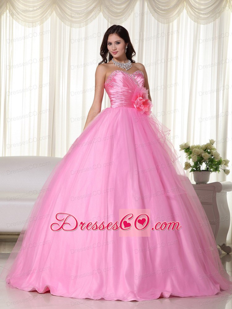 Pink Gown Long Tulle Beading Quinceanera Dress