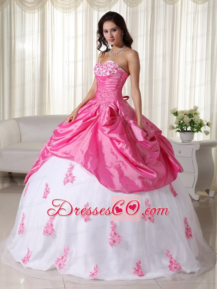 Pink And White Ball Gown Long Taffeta Appliques Quinceanera Dress
