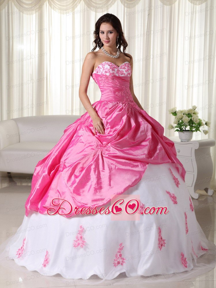 Pink And White Ball Gown Long Taffeta Appliques Quinceanera Dress