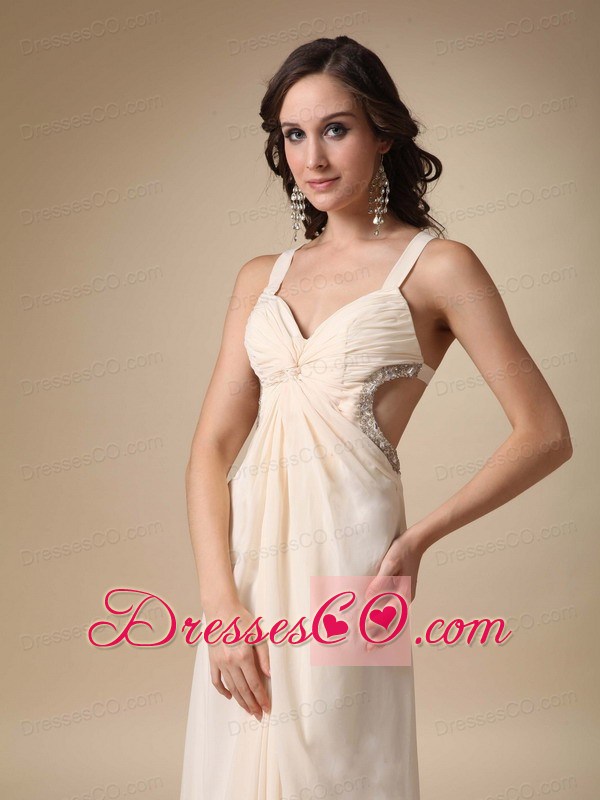 Champagne Empire Straps Long Chiffon Beading And Ruching Prom / Evening Dress