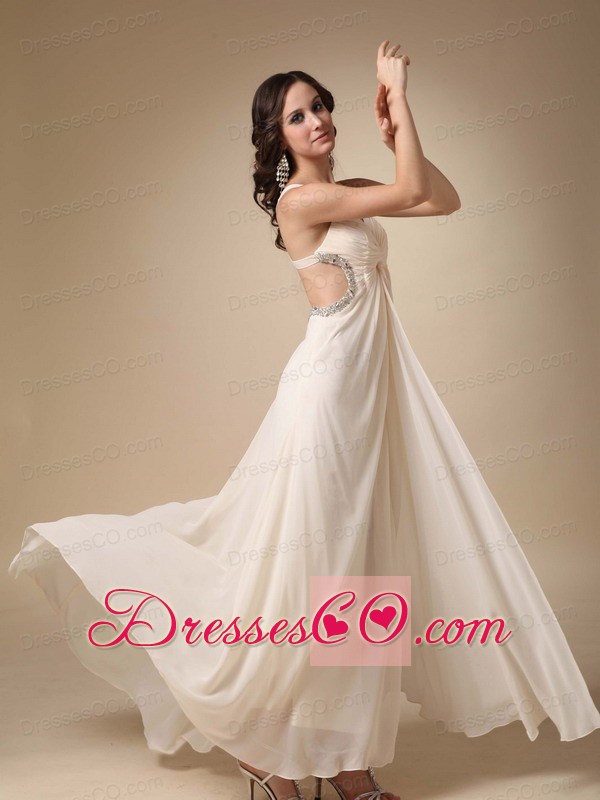 Champagne Empire Straps Long Chiffon Beading And Ruching Prom / Evening Dress
