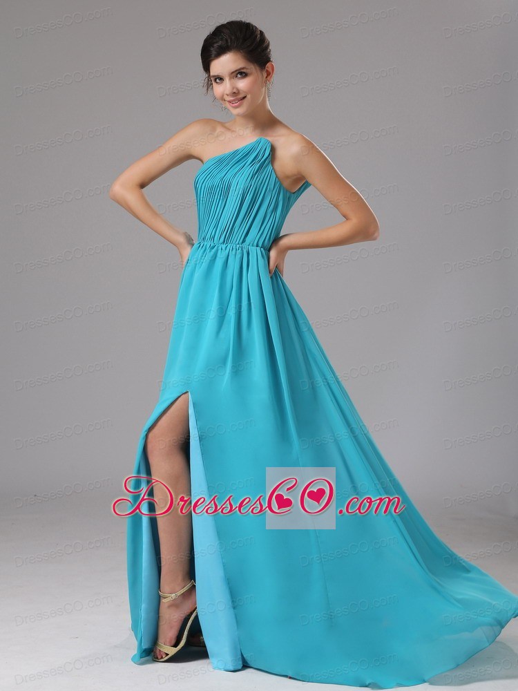 Strapless Chiffon High Slit Aqua Blue Brush / Sweep Prom Dress Ruched