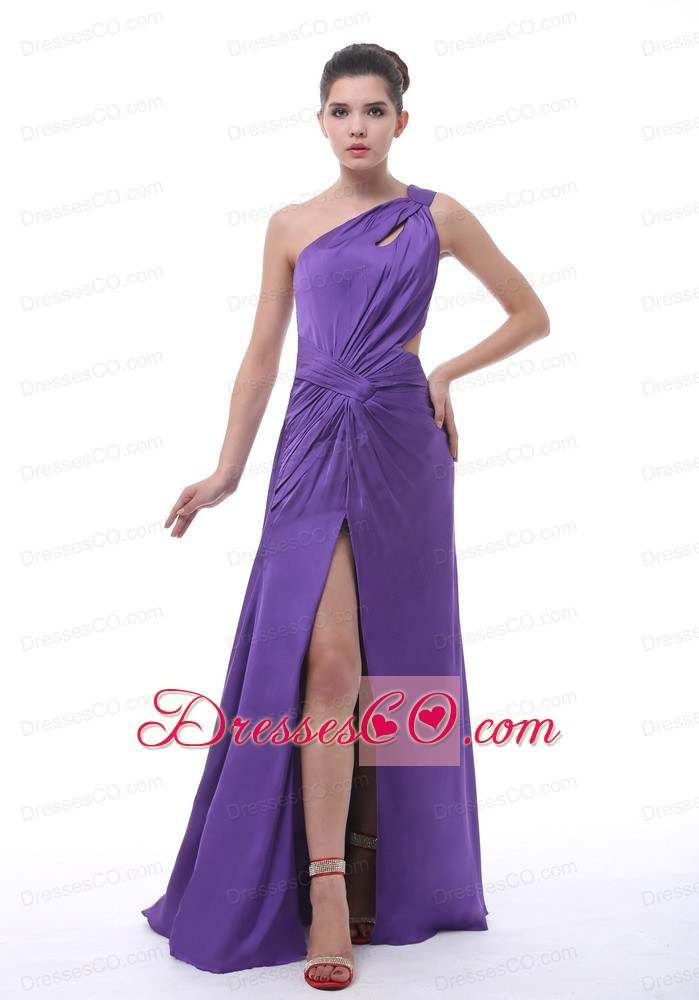 One Shoulder High Slit Purple Chiffon Long Ruching Prom / Evening Dress