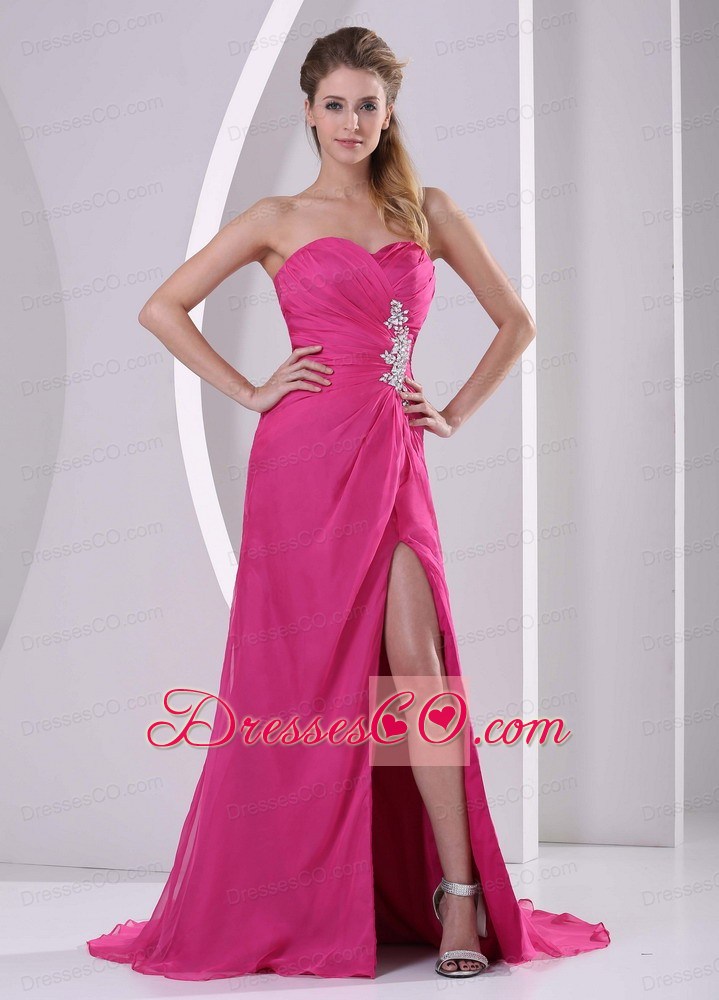 High Slit Hot Pink Stylish Prom Celebrity Dress Appliques and Ruching