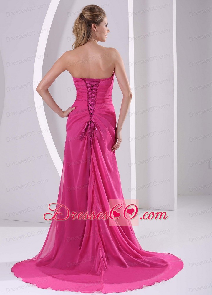High Slit Hot Pink Stylish Prom Celebrity Dress Appliques and Ruching