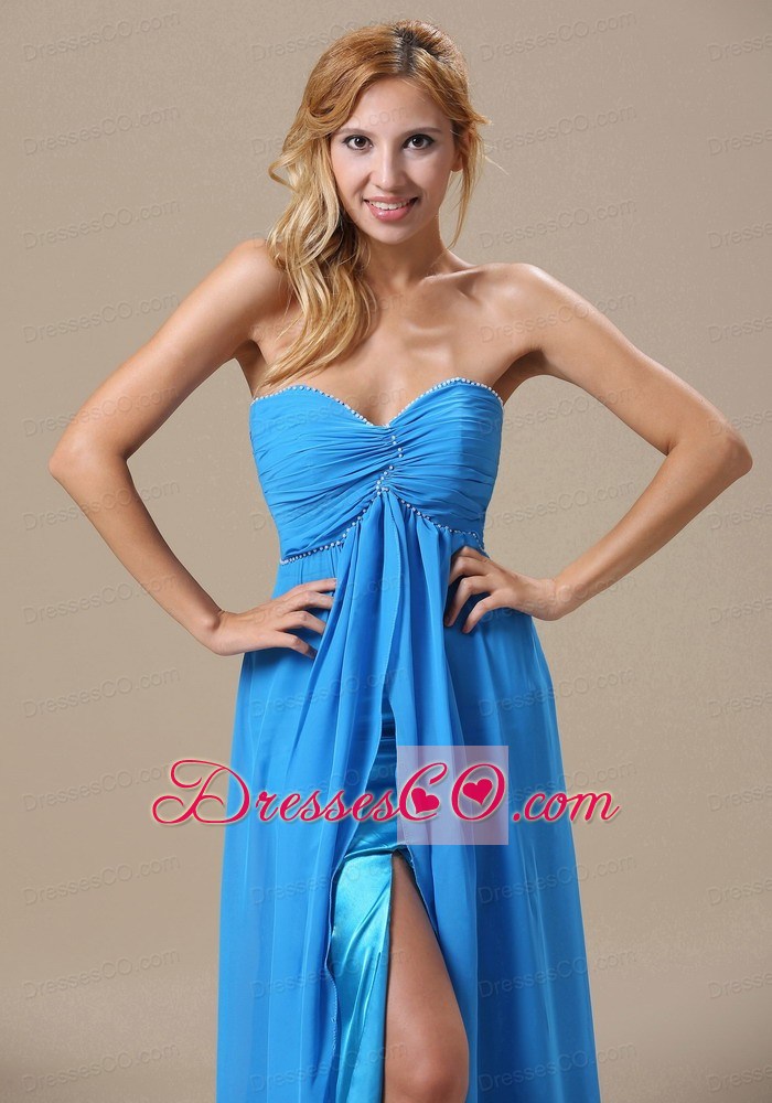 Beading And Ruching Decorate Bust High Slit Ankle-length Blue Chiffon Prom Dress