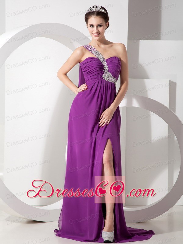 Purple Empire One Shoulder Chiffon Prom Dress Beading and Ruching