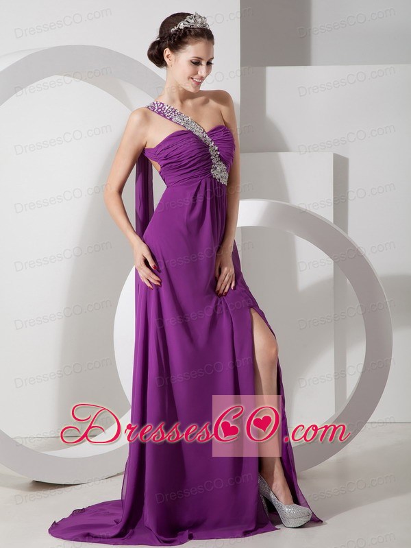 Purple Empire One Shoulder Chiffon Prom Dress Beading and Ruching
