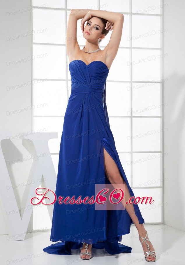 High Slit Neckline Watteau Train Blue Chiffon Prom Dress