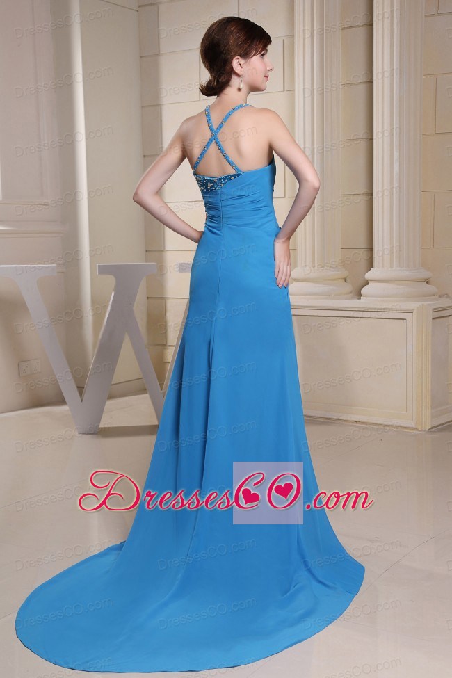 Asymmetrical Neckline and Beading For Prom Dress With High Slit