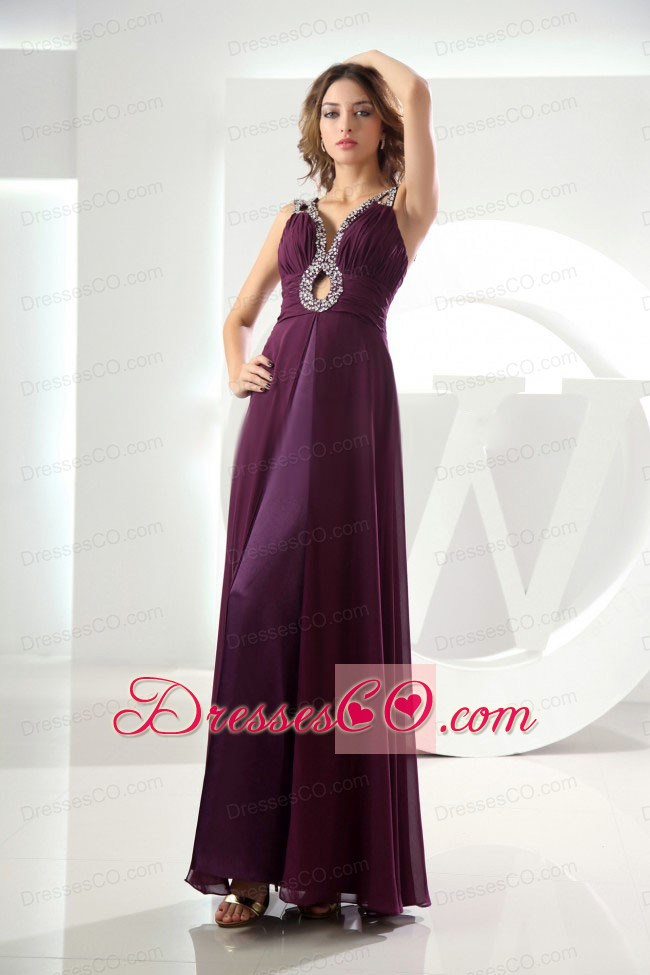 Beading Empire Chiffon Prom Dress V-neck Ankle-length Purple