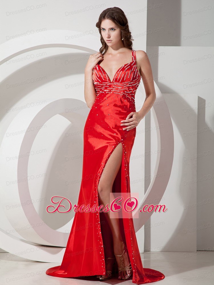 Discount Red Column / Sheath Straps Beading Prom Dress Brush/Sweep Elastic Woven Satin