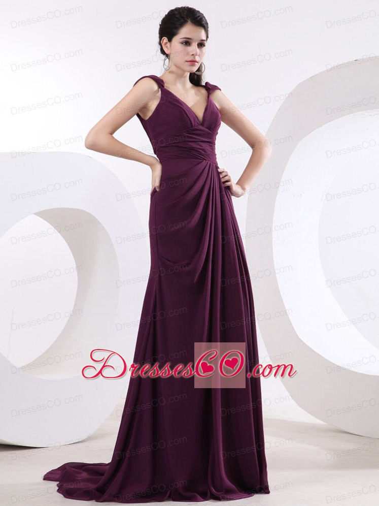 V-neck and High Slit For Sexy Prom Dress With Cap Sleeves