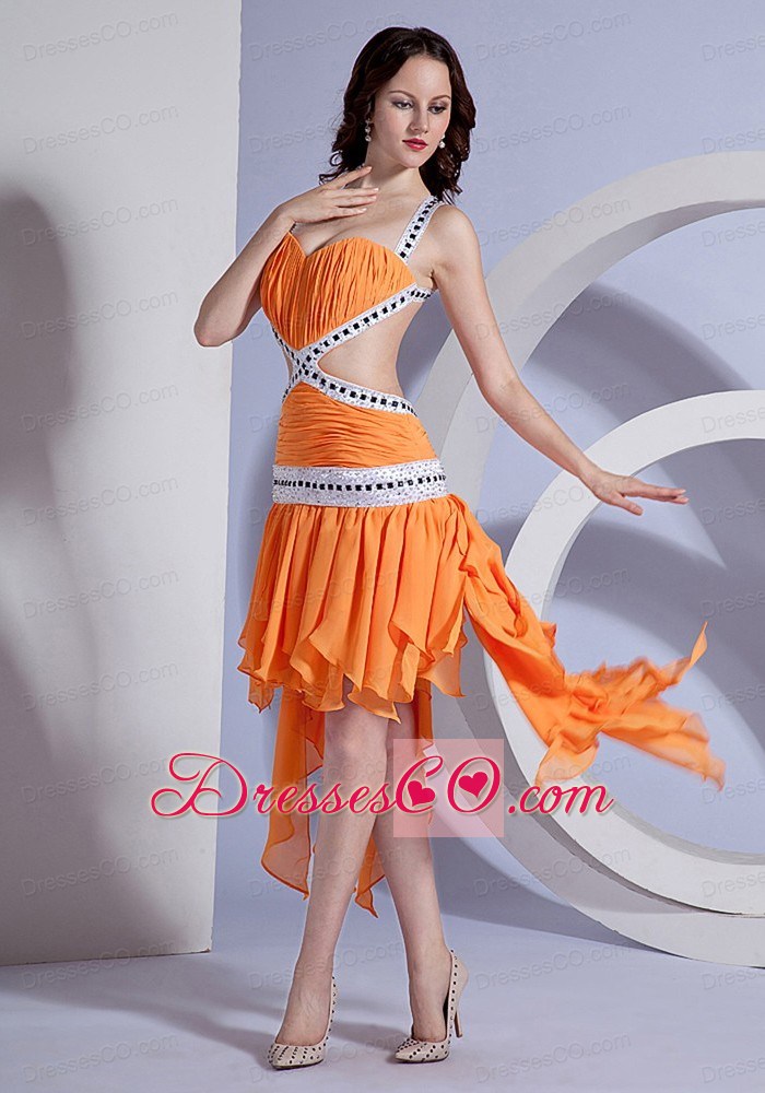 Beading and Ruching Decorate Bodice Ruffles Straps Asymmetrical Prom Dress