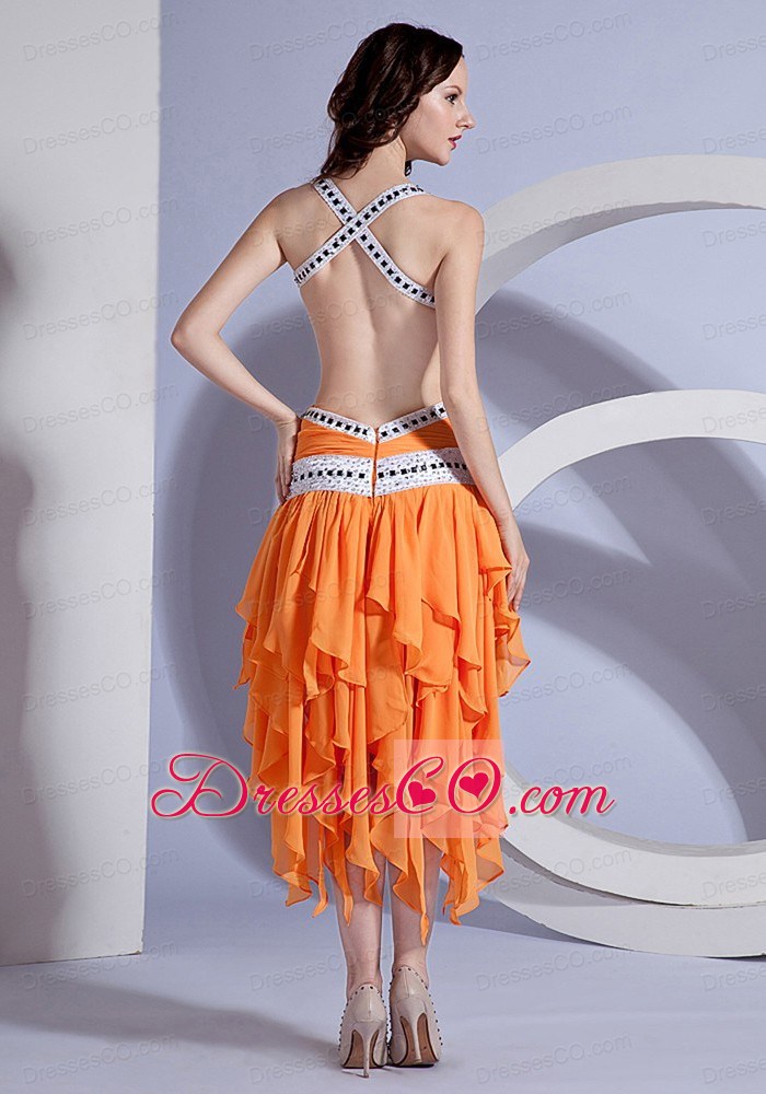 Beading and Ruching Decorate Bodice Ruffles Straps Asymmetrical Prom Dress