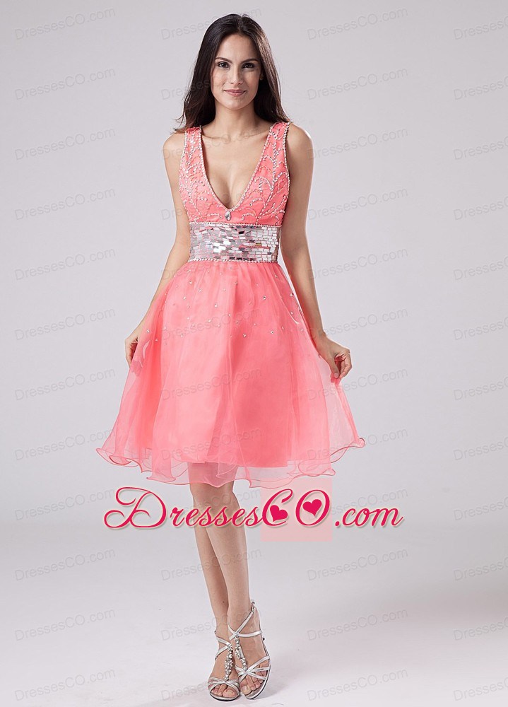 Paillette V-neck Organza A-line Knee-length Prom Dress Watermelon