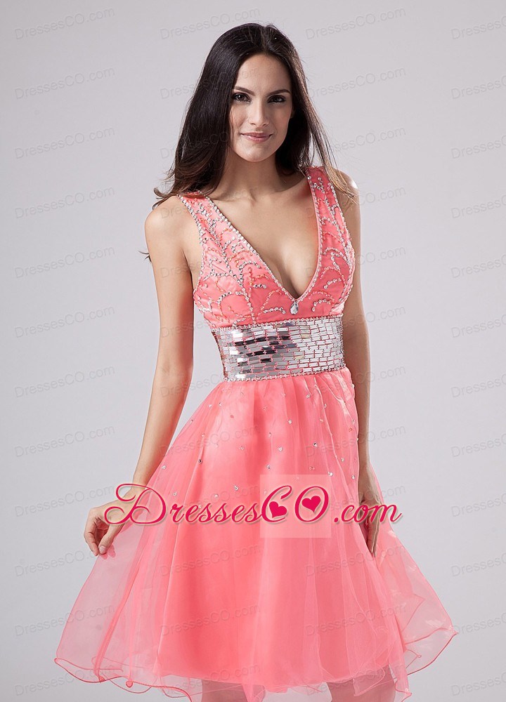 Paillette V-neck Organza A-line Knee-length Prom Dress Watermelon